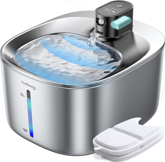 FEELNEEDY Wireless Cat Water Fountain Stainless Steel with Sensor, 4000mAh Battery Operated, 4L/135fl oz Pet Water Fountai...