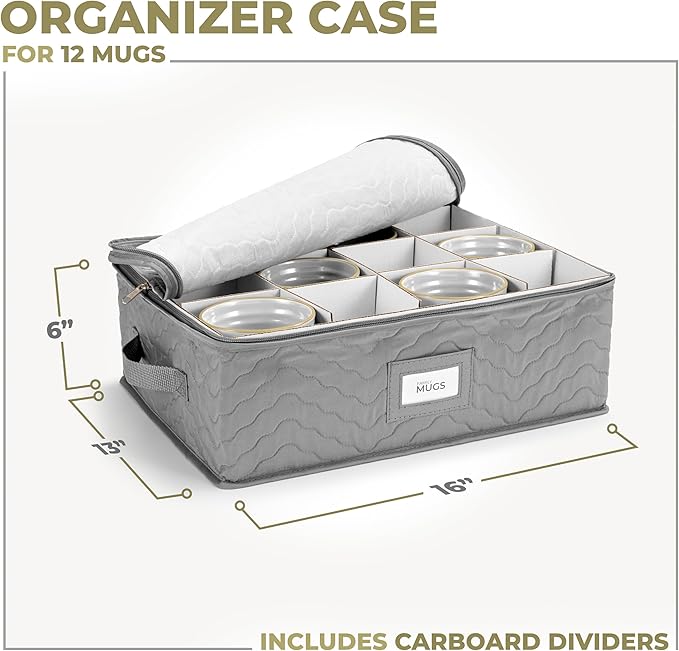 Sorbus Coffee Mug Organizer - Display Storage Case with Quilted Exterior, Label Windows, Handles & Dividers (Fits 12 Mugs)