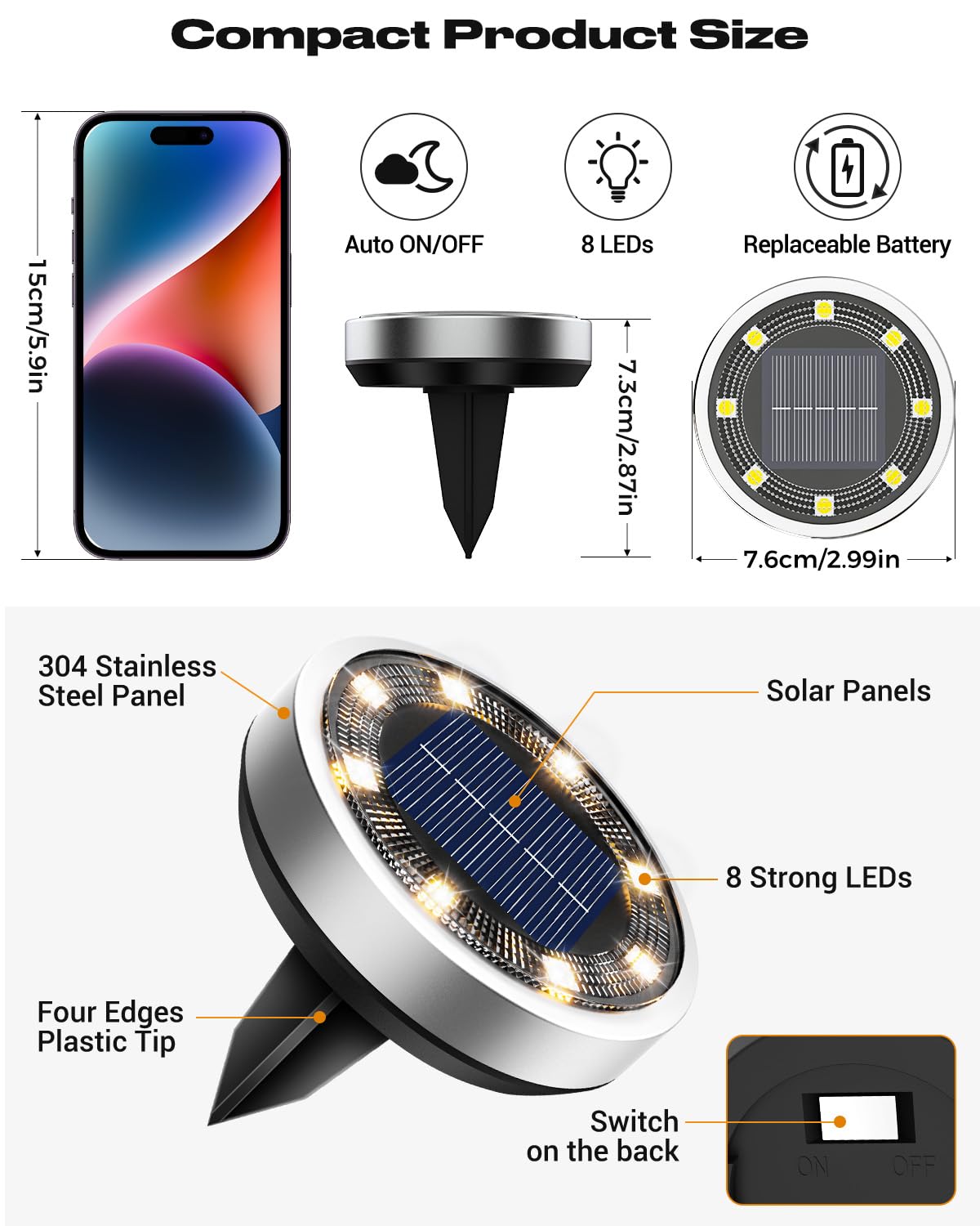 Btfarm Solar Ground Lights 2 Pack, 8 Led Ip65 Waterproof Flat Disc Light, Warm White For Garden Lawn Patio