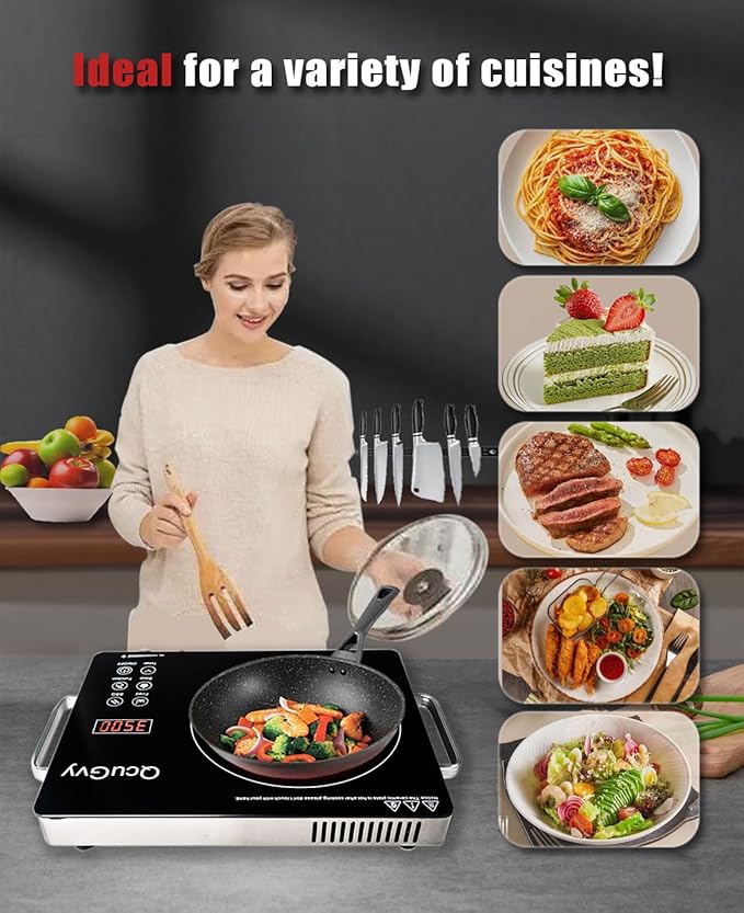 Portable Infrared Burner 3500 Electri Burner with 3 Hours Timer-Electric Hot Plate Touch Control Panel Adjustable Heating Power Glass Plate Electric Cooktop for Cooking (Black)