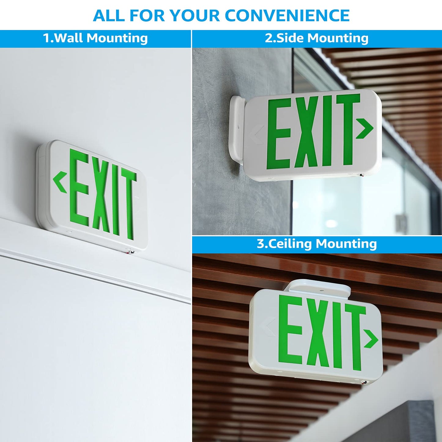 TORCHSTAR LED Exit Sign, Emergency Light with Battery Backup, Double Face, Green, UL 924, Hardwired, 2 Units, Model ZF3EL-05V2-2P