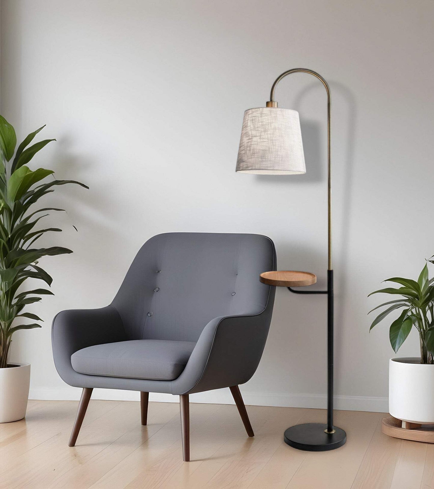 HomeRoots Brass Tray Table Floor Lamp with White Empire Shade, 65in Height