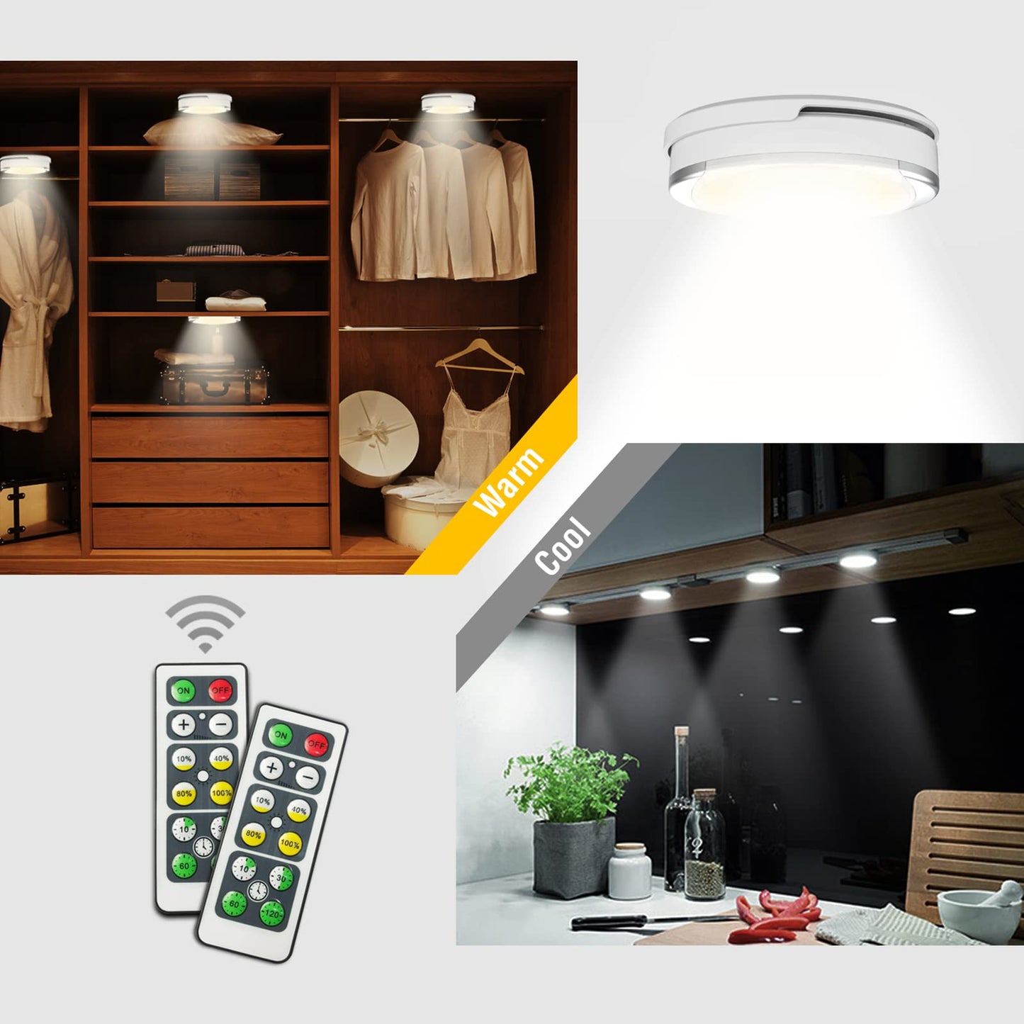 Shineled LED Puck Light, Battery Operated with Remote, Soft Lighting, Oval, 4000K Warm White, 6 Pack