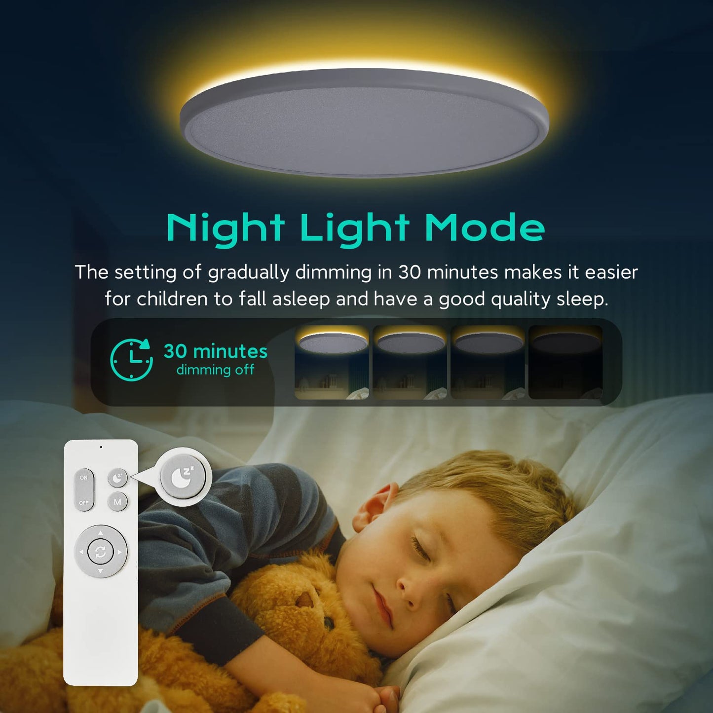 Roomratv Ceiling Light Fixture, 15.8in Flush Mount Nightlight, Remote Control, 3000K-6500K Color Changeable, White Polycarbonate