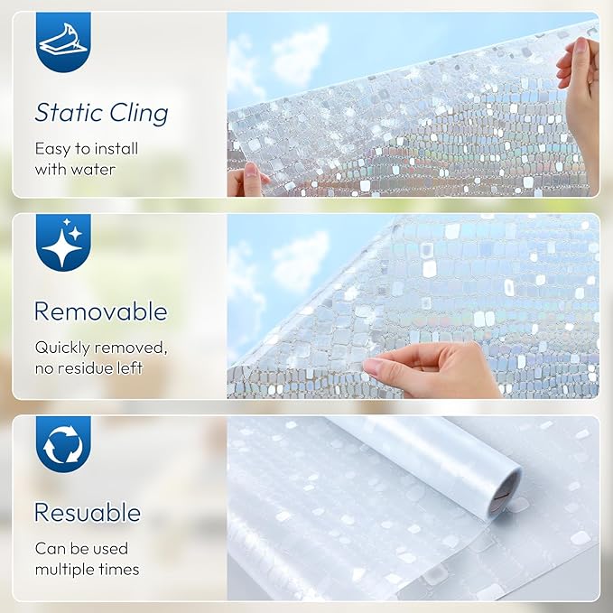rabbitgoo Window Privacy Film Rainbow Window Film, Mosaic Decorative Stained Glass Cling, Removable Static Cling Tint UV Blocking, Non-Adhesive Privacy Covering, 35.4 x 78.7 inches