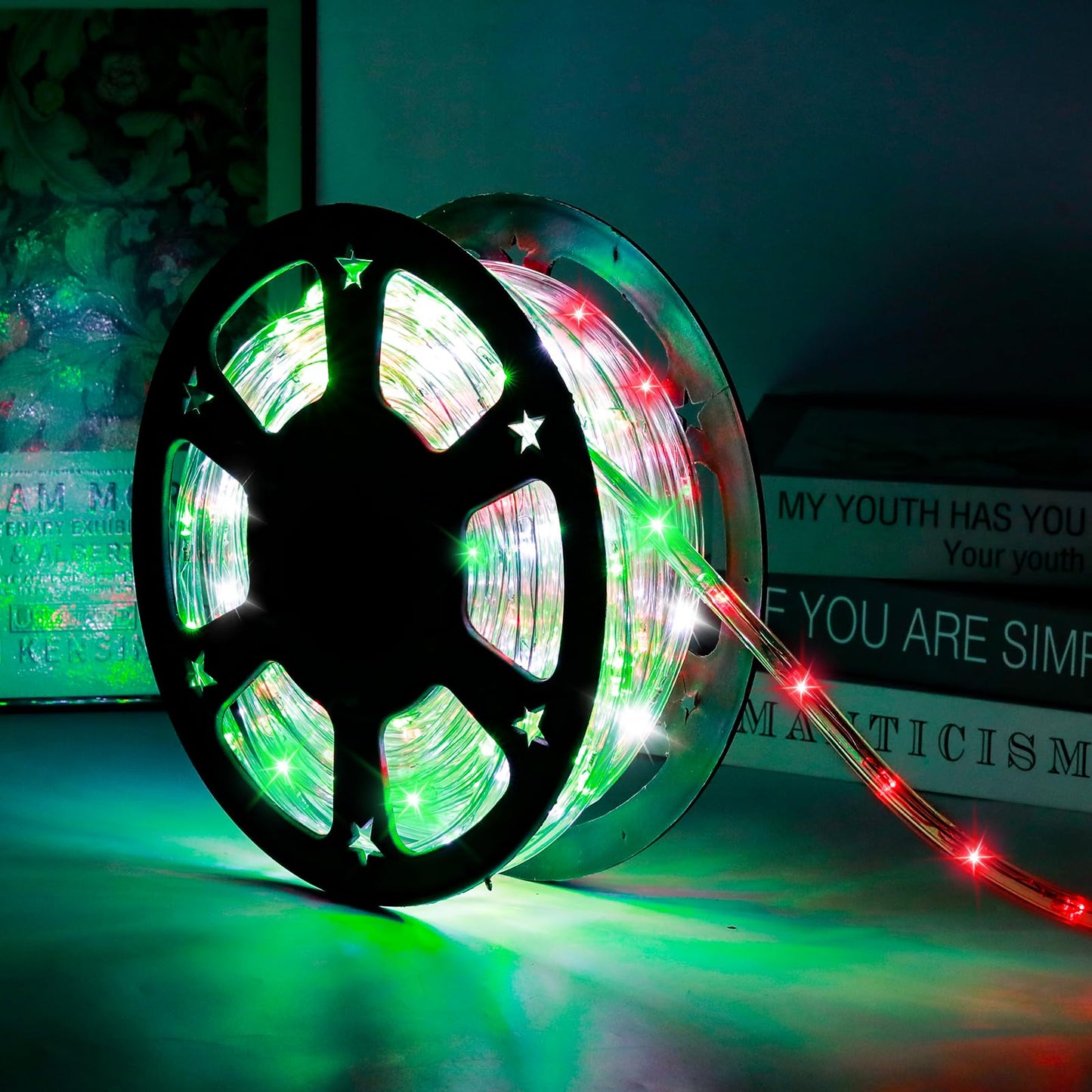 DINGFU 50ft LED Waterproof Rope Lights, PVC Tube, Connectable Indoor/Outdoor, RED+White+Green, Model YLRL-15-120V
