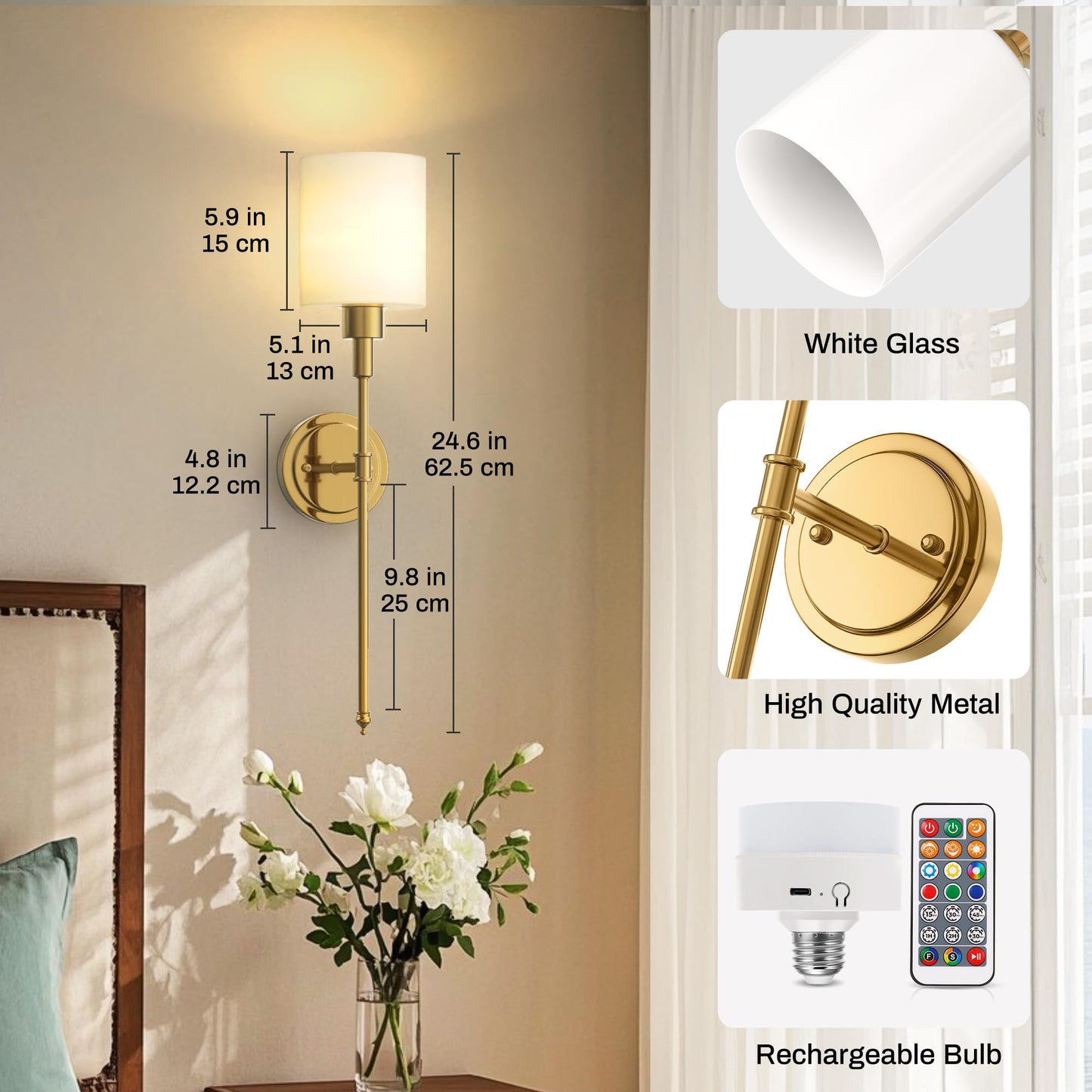 DORESshop Battery Operated Wall Sconce Set of 2, Wireless, 24.3in, Gold and Milky White Glass Shade
