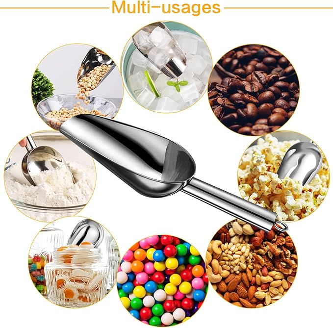 Metal Ice Scoop，Kitchen Ice Scooper for Ice Maker,Stainless Steel Small Ice Scooper for Freezer，Kitchen Gadgets Cookie Flour Pet Dog Food Scoop (Curved handle, 3 OZ)