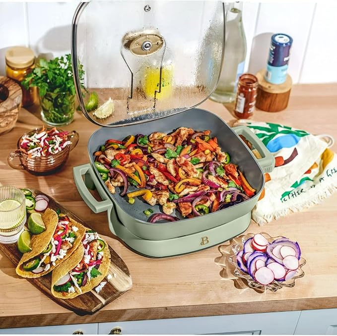 Beautiful 5-in-1 Electric Skillet 7QT, Cast Aluminum Extender, Nonstick, 1500W, Dishwasher-Safe Lid, Slow Cook, Steam (Sage Green)