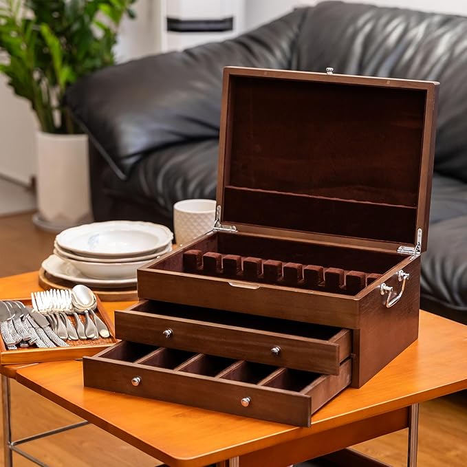Silverware Storage Box with Lid Three-layer, Flatware Storage Case with Handle, Silverware Chest Boxes for Flatware Organizer for Silver