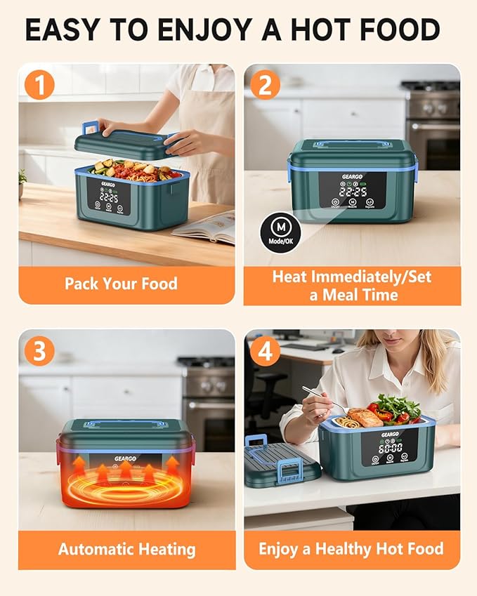 GEARGO 𝟐𝟎𝟐𝟔 𝐔𝐩𝐠𝐫𝐚𝐝𝐞𝐝 Cordless Electric Lunch Box, 6.3 Cups & 20000mAh Rechargeable Heated Lunch Box with Ice Crystal Box, 24 Hours Scheduled Self Heating Lunchbox For Men Women