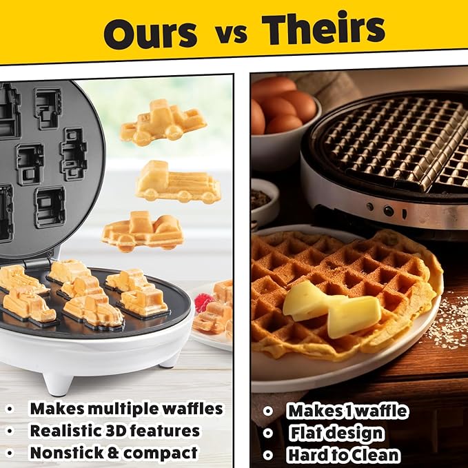 Construction Trucks Mini Waffle Maker- Make 7 Different 3D Vehicle Shaped Pancakes Feat a Bulldozer Forklift & More- Electric Nonstick Pan Cake Car Waffler Iron w Recipe Guide, Fun Kids Treat or Gift