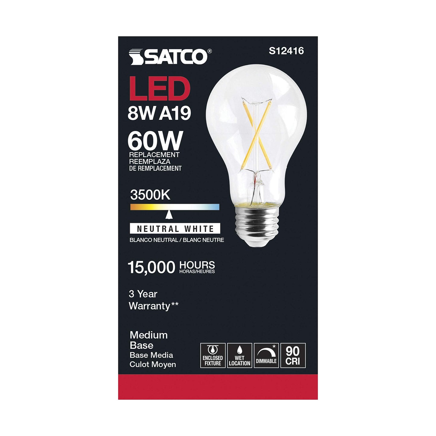 Satco S12416 Led A19 Warm White Light Bulbs, 8 Watt, 6 Pack, Glass, 3500K, E26