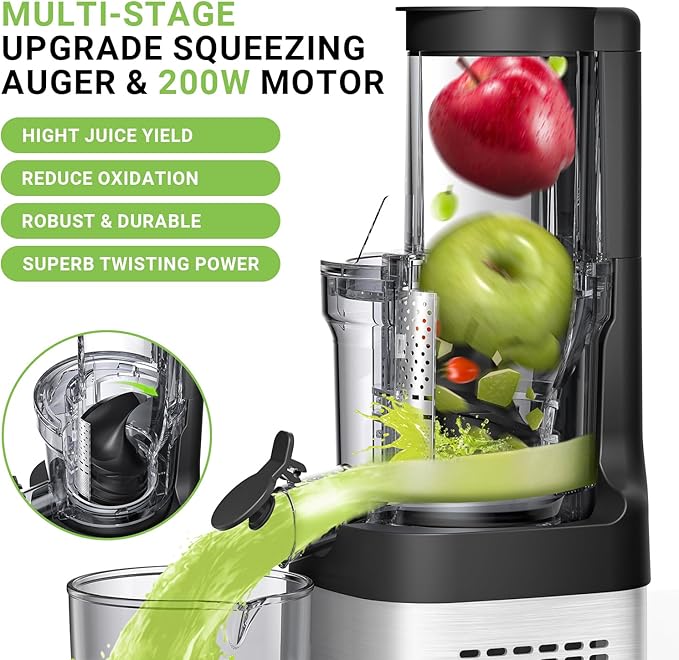 AMZCHEF Cold Press Juicer, Juicers Machines - 3.2" Large Feed Chute for Whole Fruits & Vegetables, Stainless Steel Slow Masticating Juice Easy to Clean, Large Auger, Double Strainers