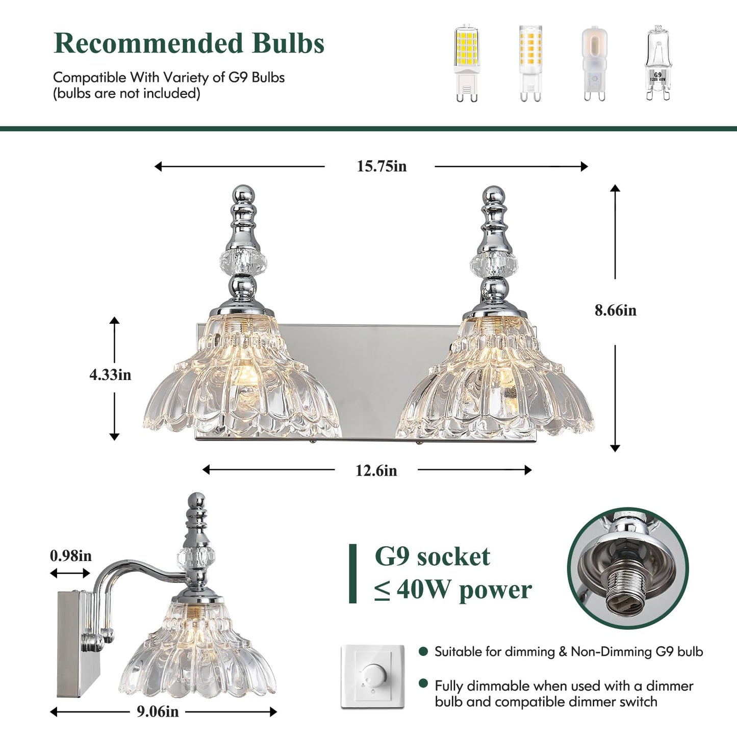 Lbsqj Vintage Bathroom Vanity Light  2-Light Chrome Vanity Lighting Fixture With Flower Glass Shade  Bathroom Lighting Fixtures Over Mirror