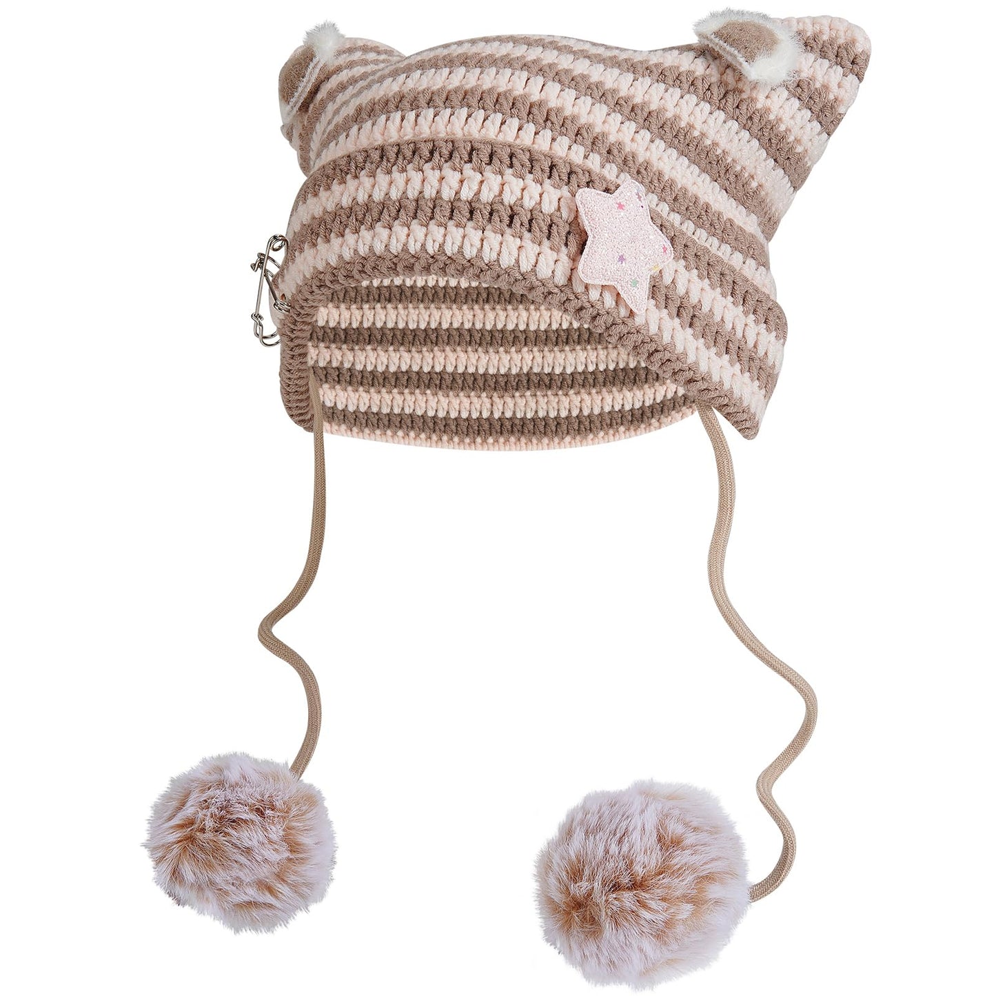 Cat Ear Beanie Y2K Hat, Women Girl Emo Crochet Striped Grunge Goth Star Pom Aesthetic Knit Kawaii Alt Cute Slouchy Skull Cap (Khaki Beige)