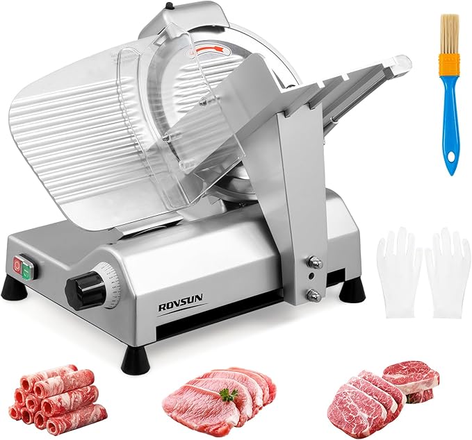 ROVSUN 270W Commercial Meat Slicer, 12 inch Electric Meat Slicer Machine with Adjustable Thickness(0-18mm), Frozen Meat Deli Cheese Food Slicer with Upgraded Carbon Steel Blade for Home and Commercial