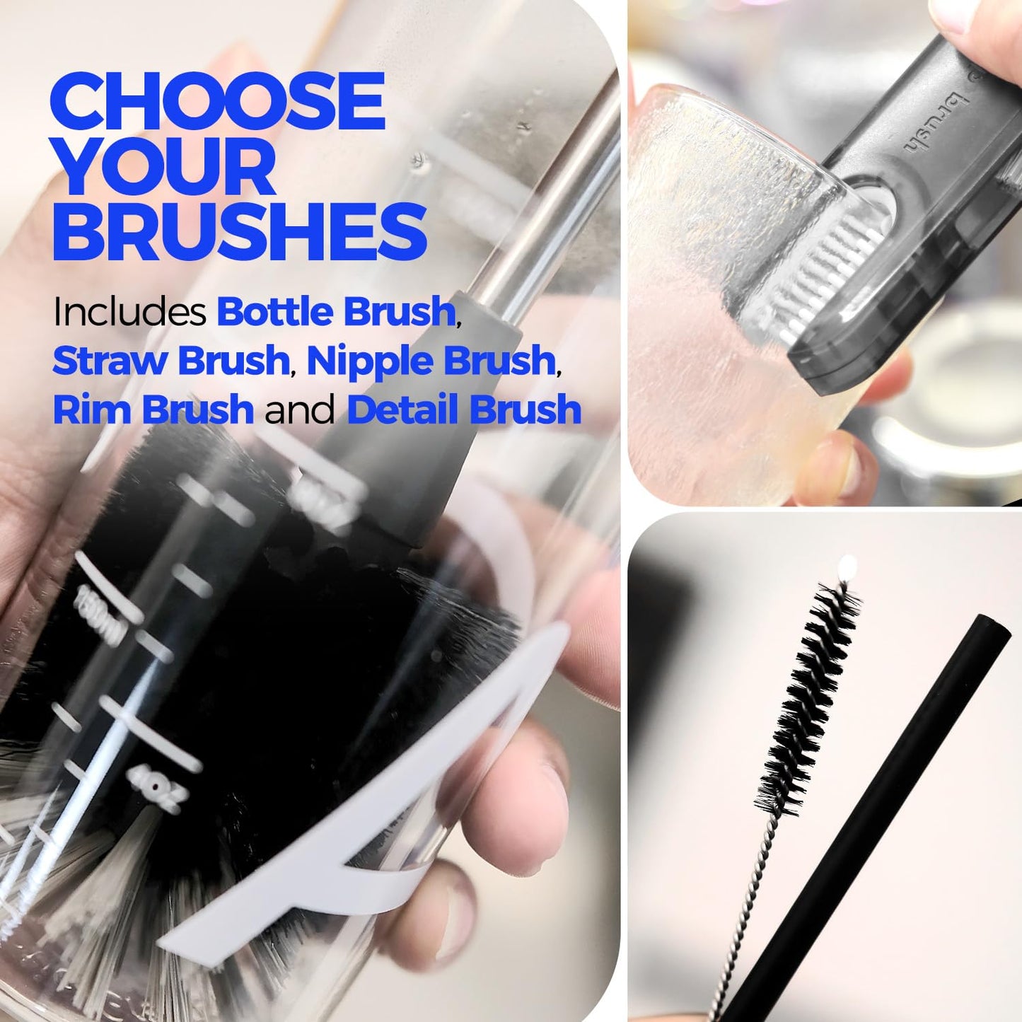 Holikme 6 Pack Bottle Brush Set, 14" Long Handle Stainless Steel Bottle Cleaner Brush, 3 Straw Brushes, 3-in-1 Bottle Cleaning Brush for Water Bottle, Antistatic Lab Brushes, Straws Black