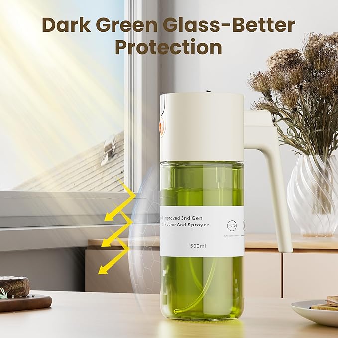 Upgrade 2 in 1 Oil Sprayer for Cooking, Olive Oil Dispenser Bottle for Kitchen Gadgets with Stickers, 17oz/500ml Food Grade Light-Blocking Glass Spray Bottle for Salad, Air Fryer, BBQ