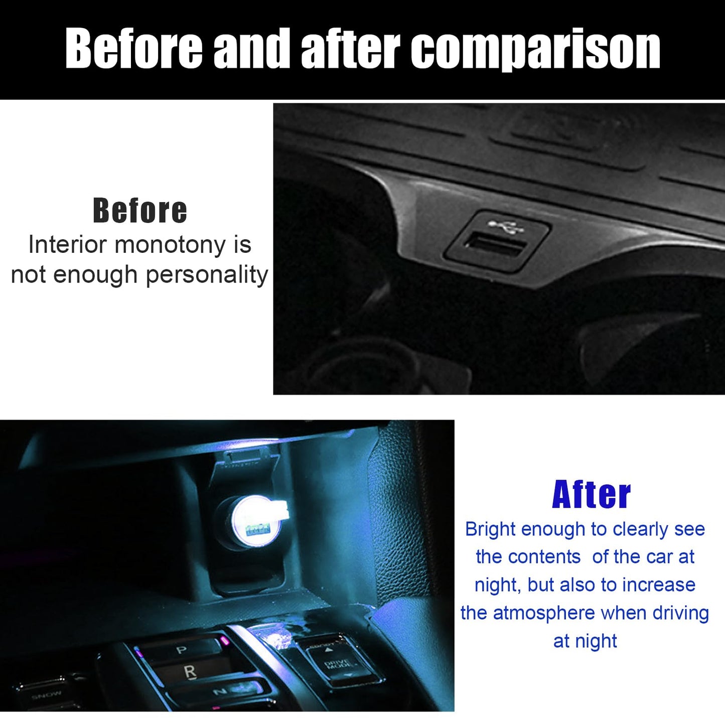Sylvil 4 Pcs Usb Led Car Interior Atmosphere Lamp  Portable Mini Led Night Light  Plug-In Usb Interface Trunk Ambient Lighting Kit  Universal Interior Car Accessories (Blue+Red+Ice Blue+White)