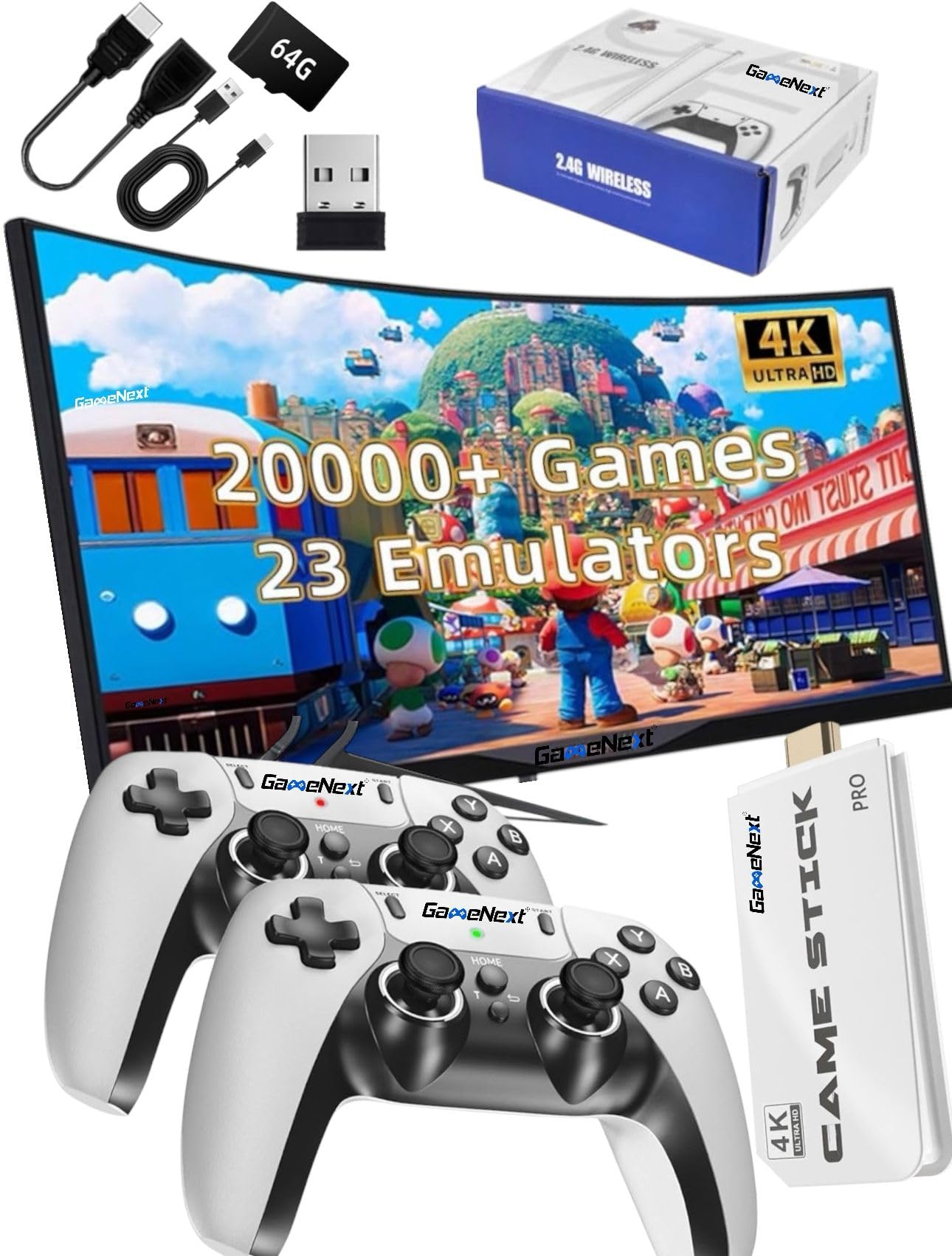 GameNext 2025 New Retro Game Console, Nostalgia Gaming Stick, Classic Video Games with 4K HDMI, 20,000+ Games and 23 Emulators, Upgraded Dual 2.4G Wireless Controllers 64GB