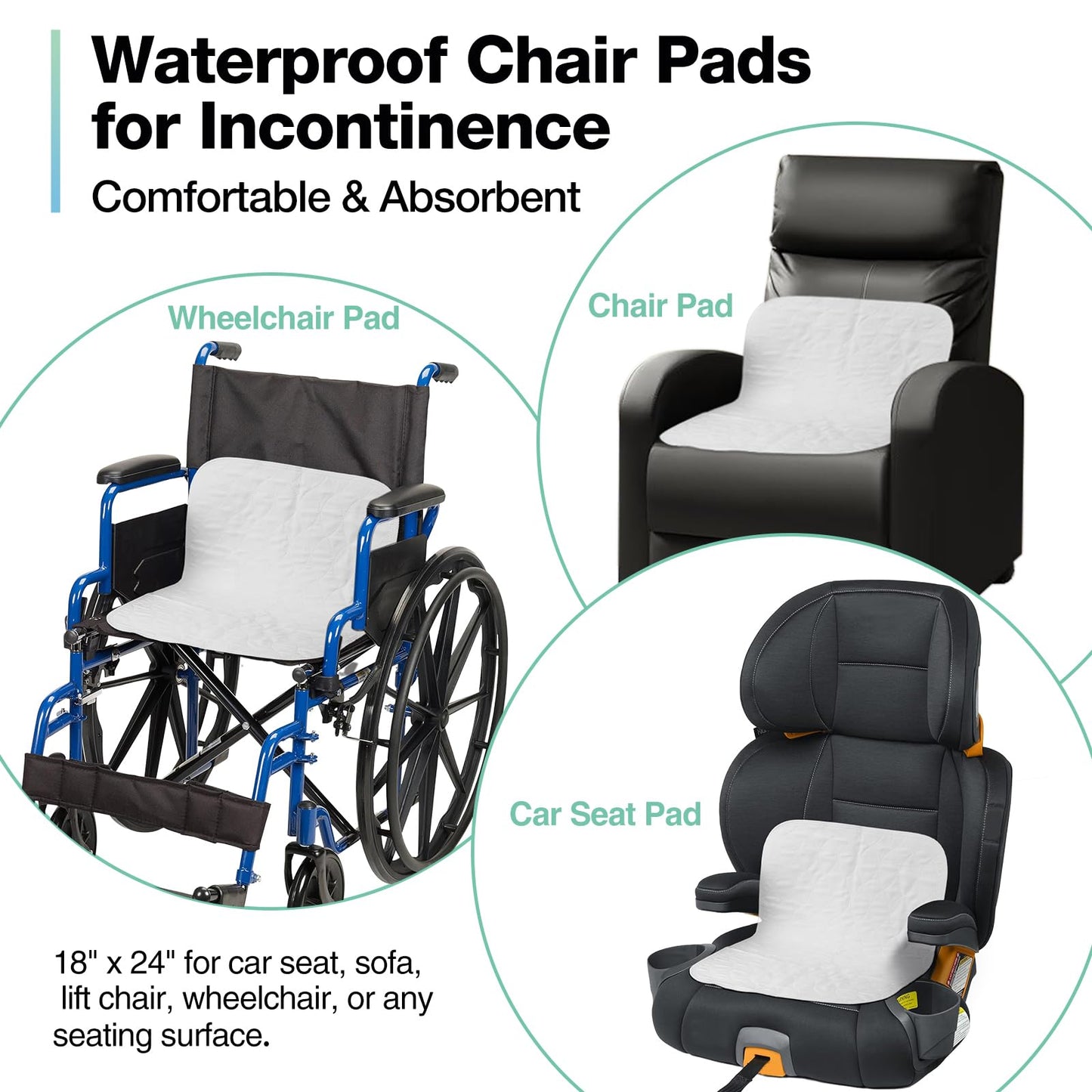 SOLOSHINE Washable Waterproof Underpads, 24" x 18" (3 Pack) Heavy Absorbency Reusable Incontinence Pads for Chair, Bassinet, Crib, Car Seat, Sofa, Wheelchair