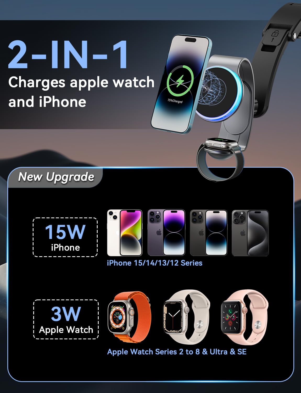 2-In-1 For Magsafe Car Charger Mount For Iphone & Apple Watch - 15W Fast Wireless Charging For Iphone 16/15/14/13/12, 3W For App