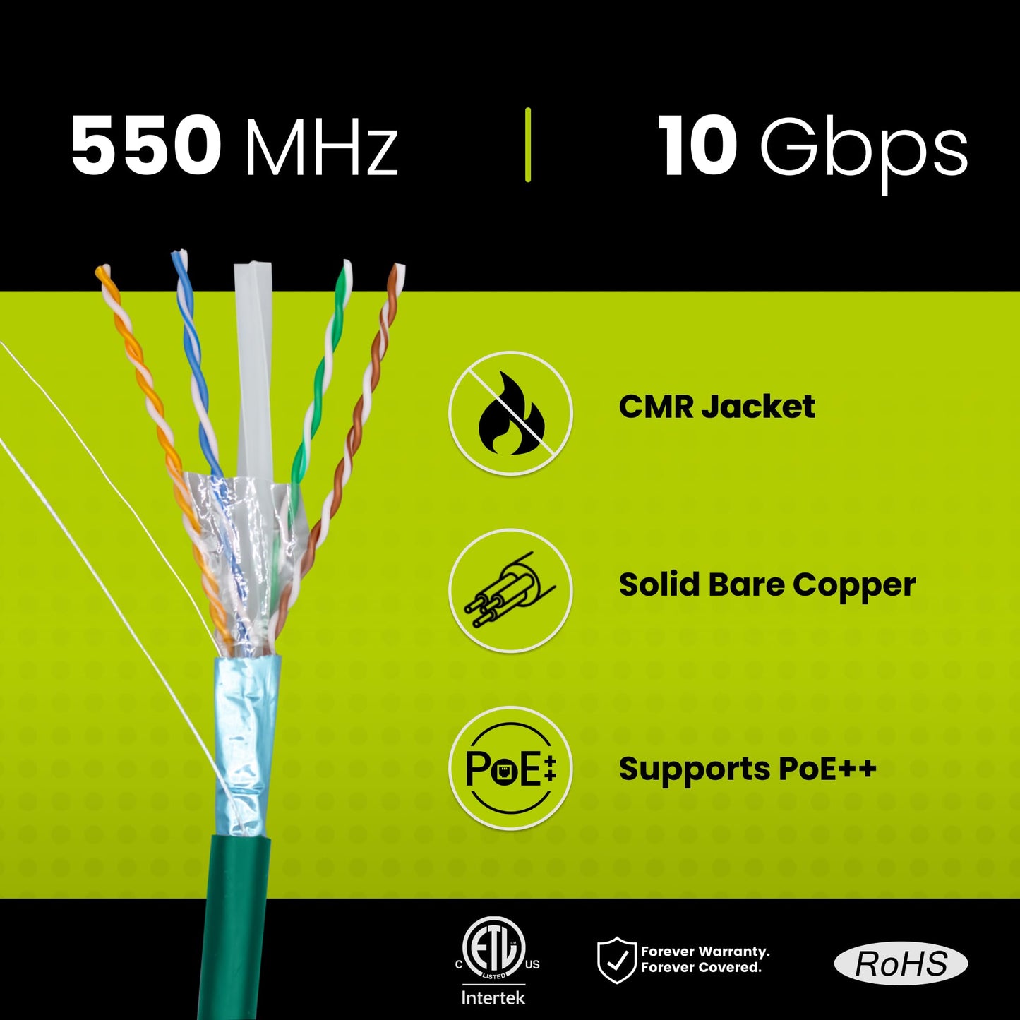 True Cable Cat6 Shielded Riser (Cmr) Bulk Ethernet Cable, 1000Ft, Green, 23Awg Solid Bare Copper, 550Mhz, Overall Aluminum Foil
