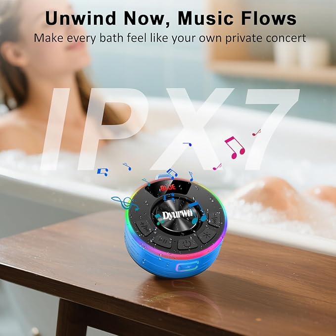 Certified IPX7 Waterproof Shower Bluetooth Speaker, Portable Shower Speaker Loud Clear Sound with Suction Cup, Wireless for Bathroom, Hook Clip, Built-in Mic, 10H Playtime, Great Gift Idea