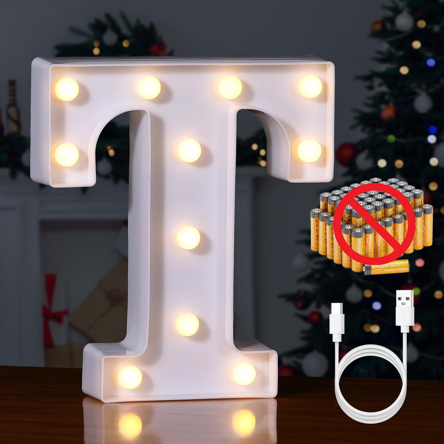 Foaky Rechargeable LED Letter Light Sign, Warm Plastic Marquee for Home Bar Decoration, Size T, Model Recharge-ABS