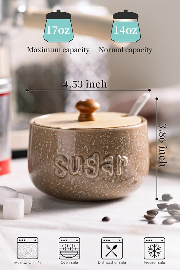 LYEOBOH Sugar Bowl with Lid and Spoon,17 OZ Cute Sugar Jar Container for Countertop, Ceramic Sugar Holder for Coffee Bar, Azucarera for Farmhouse, Rustic Home and Kitchen, Speckled Khaki