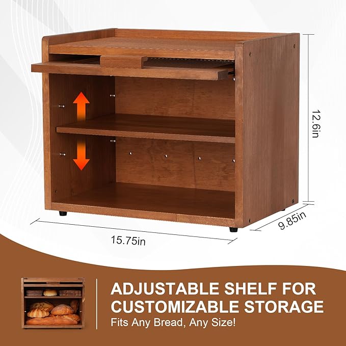 Bread Box for Kitchen Countertop Container Bin 2 Layer Wooden Bread Storage Adjustable Shelf Holder Large Capacity Modern Farmhouse Food Organizer Acrylic Window (Brown)