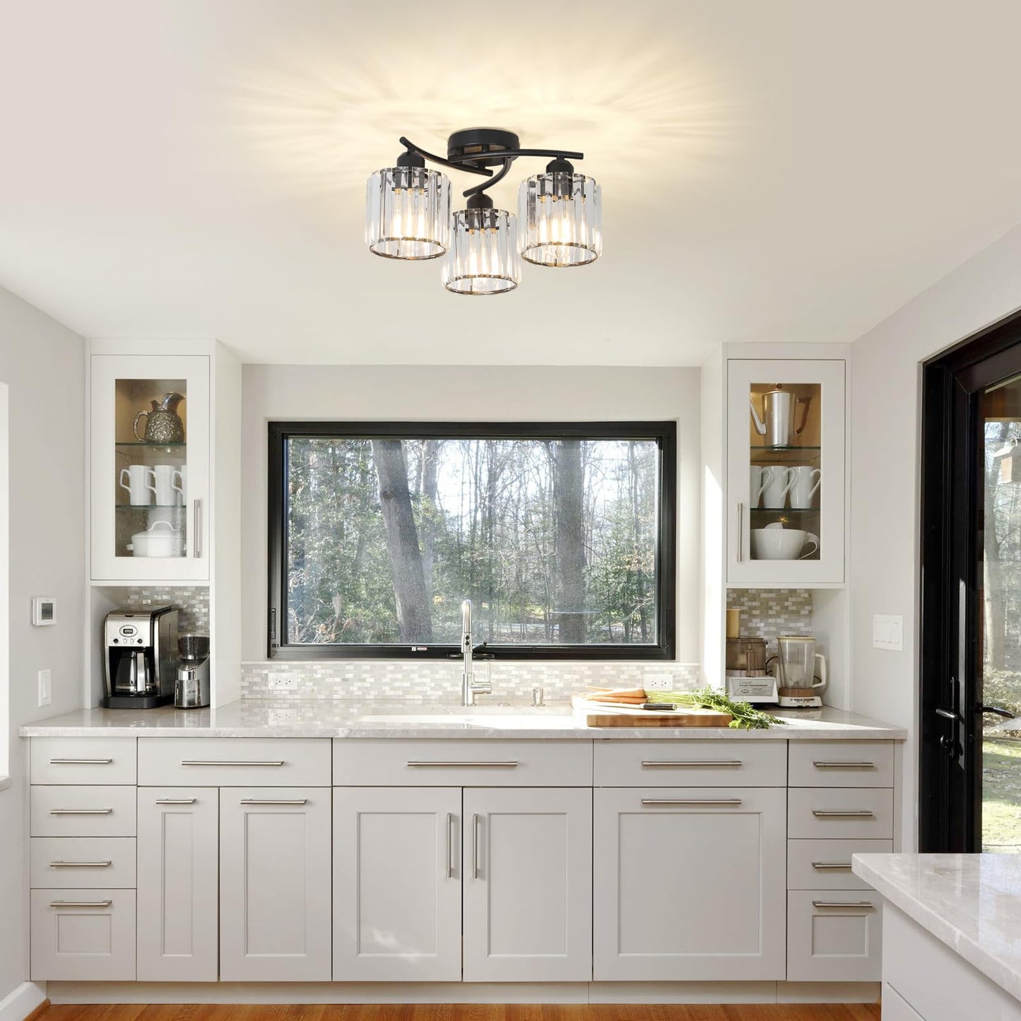 Crystal Semi Flush Mount Ceiling Light 3-Light Black Close To Ceiling Light Fixtures Kitchen Light Fixture With Clear Crystal Shades Hallway Light Fixtures For Kitchen Entryway Bedroom Bathroom