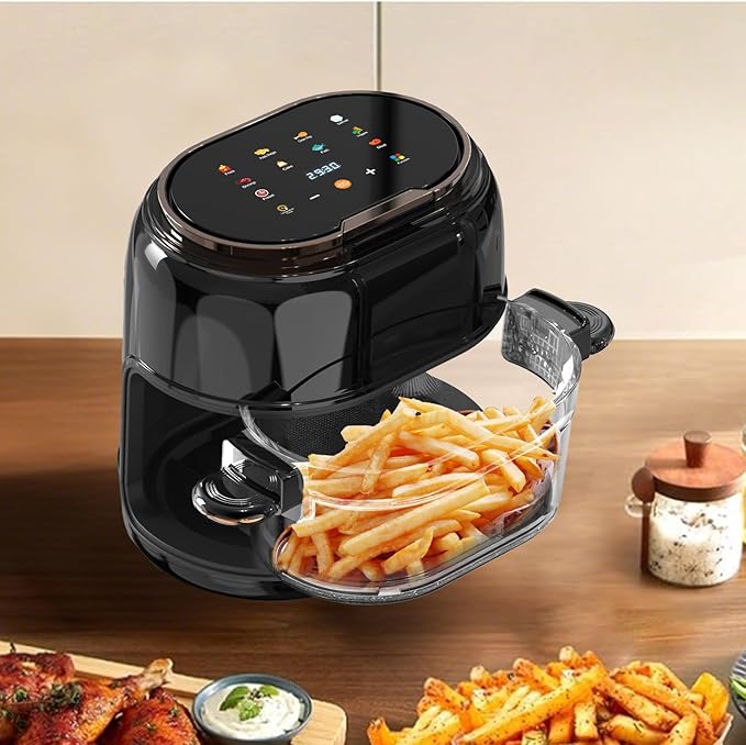 6.5QT Visible Glass Air Fryer, 8-in-1 Long Tray Design with 360° Viewing Window, Digital Touchscreen, Fries, Cake, Defrost, Chicken Wings, Dishwasher Safe, Oil-Less Oven