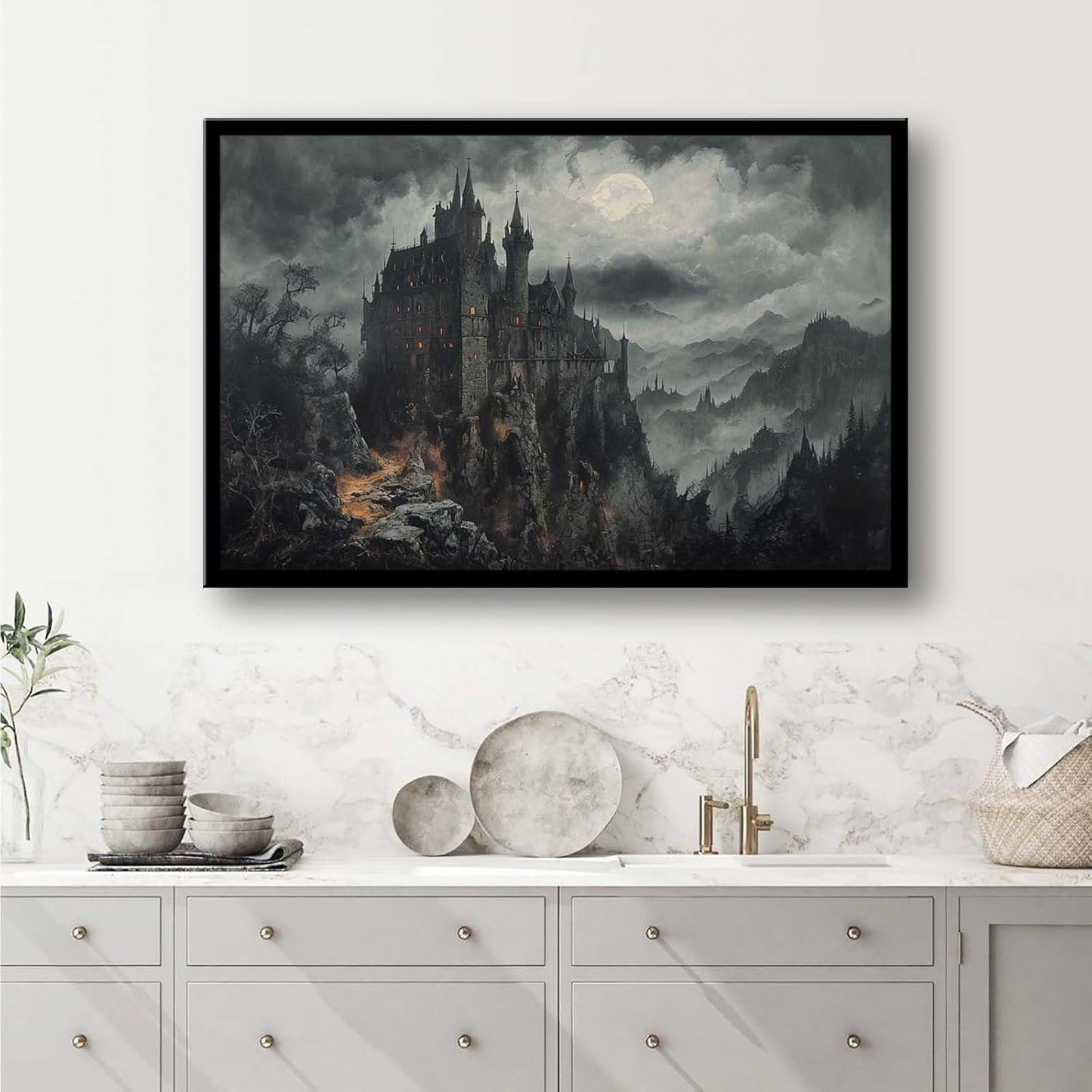 JFHCQJPK Vintage Castle Poster Dark Academy Victorian Gothic Castle Wall Art Poster Moody Mystical Art Print Suitable for Home Living Room Bedroom24x36in Metal blackFramed