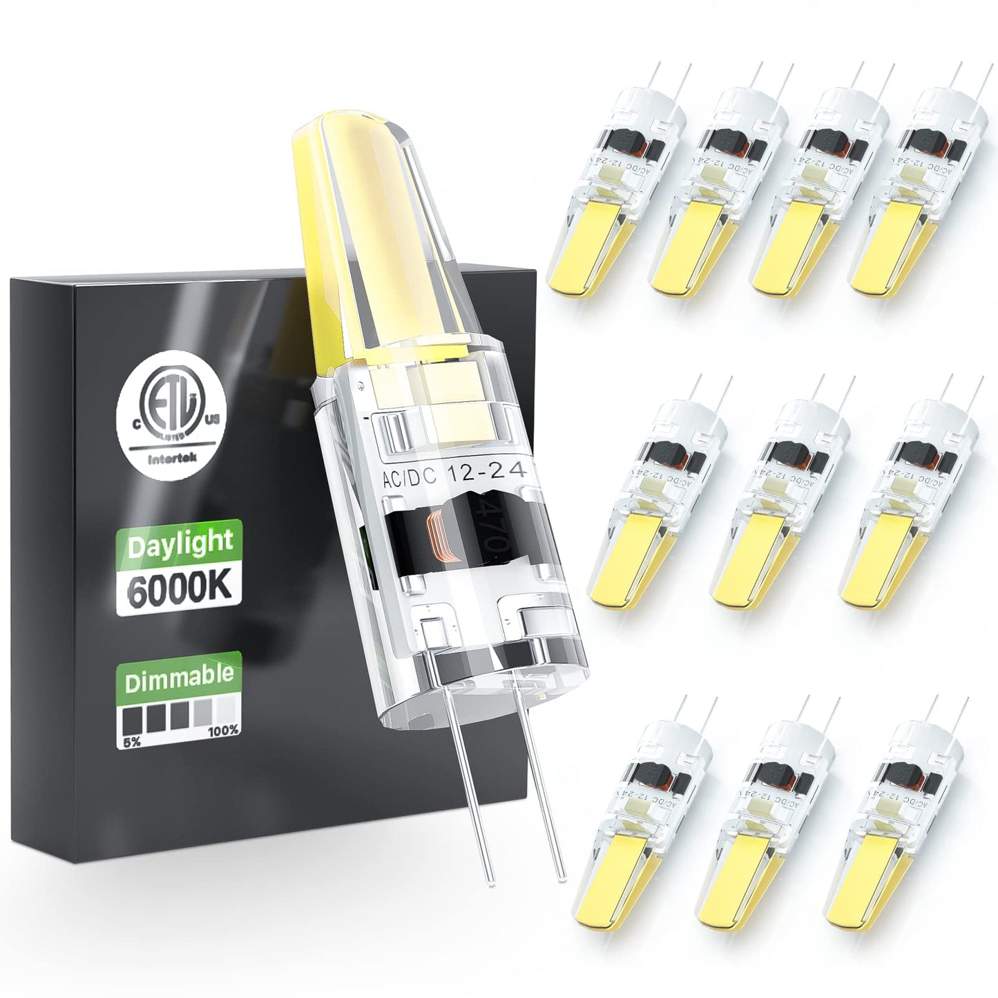 Letaclanic G4 LED Light Bulbs 6000K Day Light Dimmable 10-Pack, 3W Equivalent to 30W AC DC 12V-24V