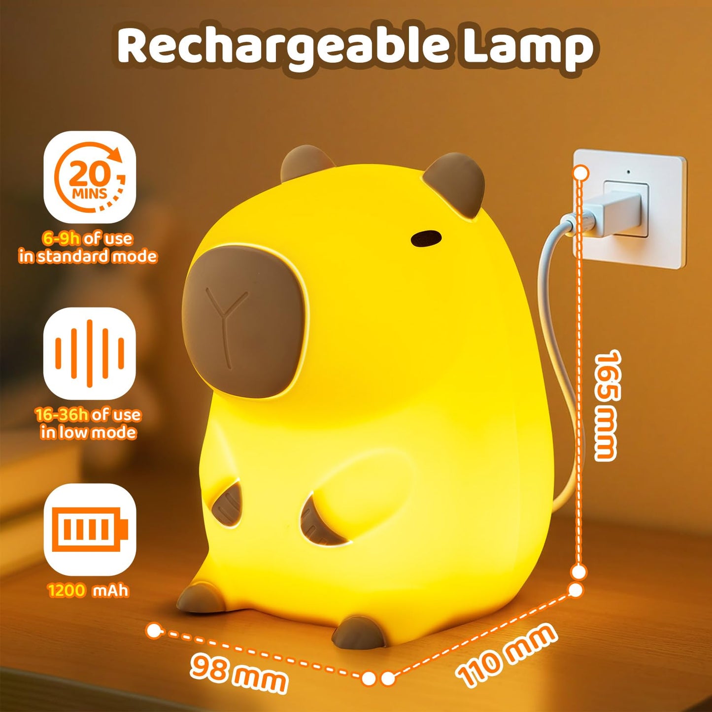 Huggwaii Squishy Capybara Night Light For Kids - Soft Silicone Tap-Control Kids Night Light With 2 Brightness Levels & 20-Min Timer  Cute Lamp For Nursery Bedroom Decor  Baby Gift (1200Mah Battery)