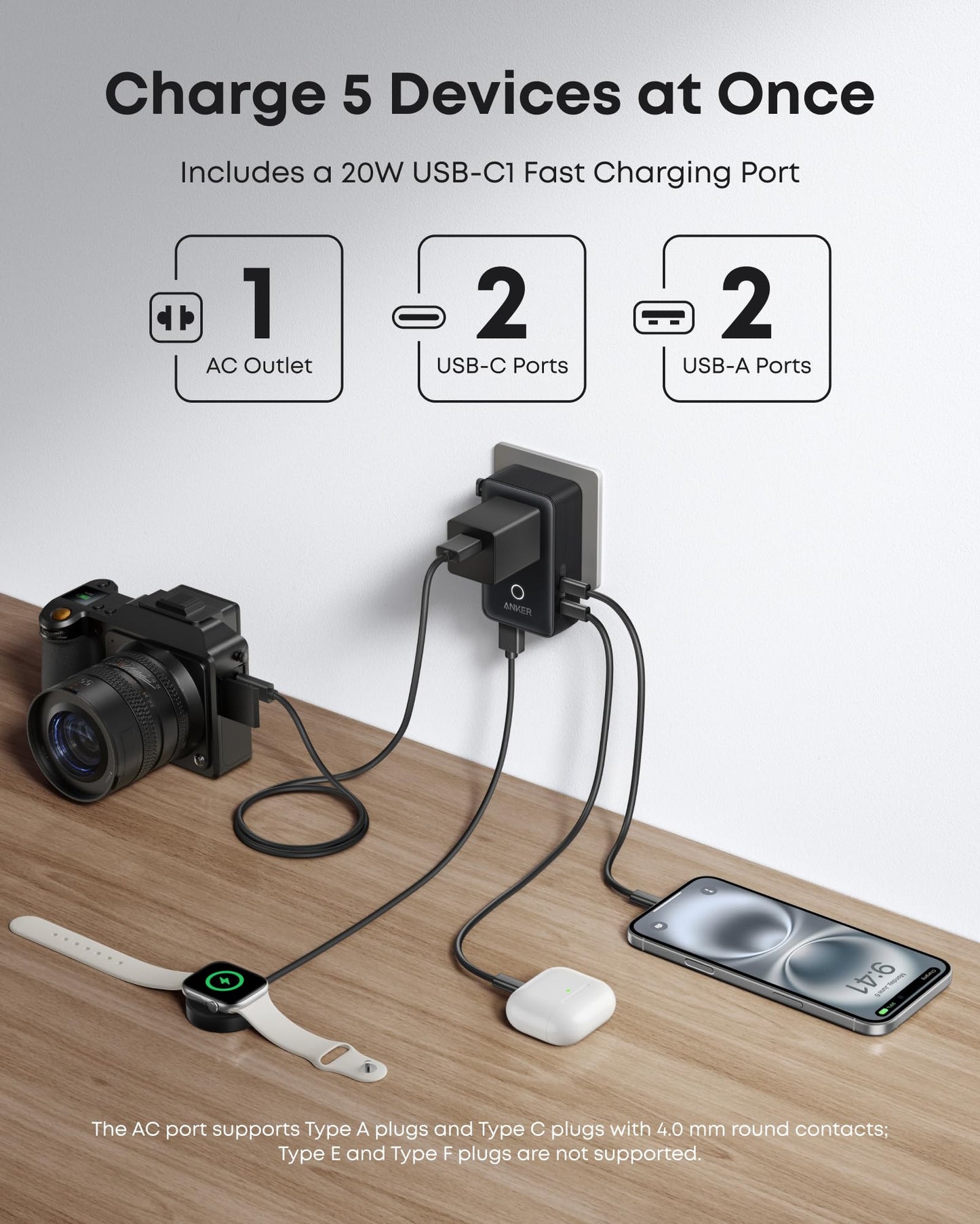 Anker Nano Travel Adapter, 5-Port Power Adapter with 1 AC, 2 USB-A, and 2 USB-C Ports, Smart Temperature Control, Compatible with Over 200 Countries, Ideal for Travel (1-Pack)