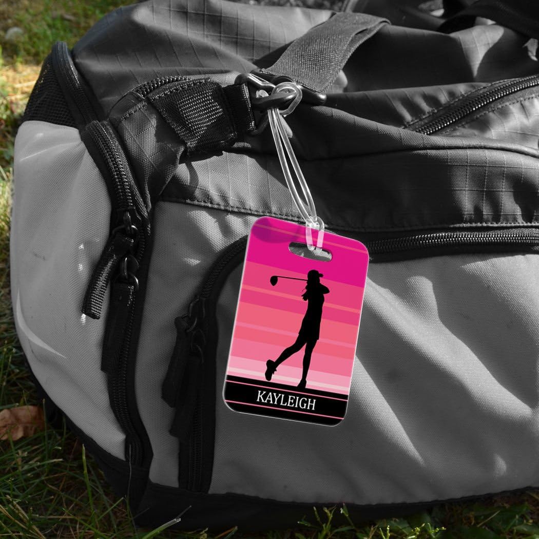 ChalkTalkSPORTS Golf Luggage & Bag Tag | Personalized Female Golfer | Standard Lines on Back | Medium | Pink