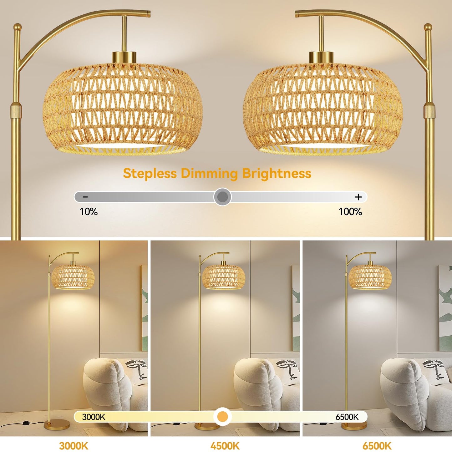 ZECOXOL Gold Floor Lamp, Dimmable Arc Design, Rattan Shade, 12.28 inch, Remote Control, Model 001, Boho Style for Living Room or Bedroom