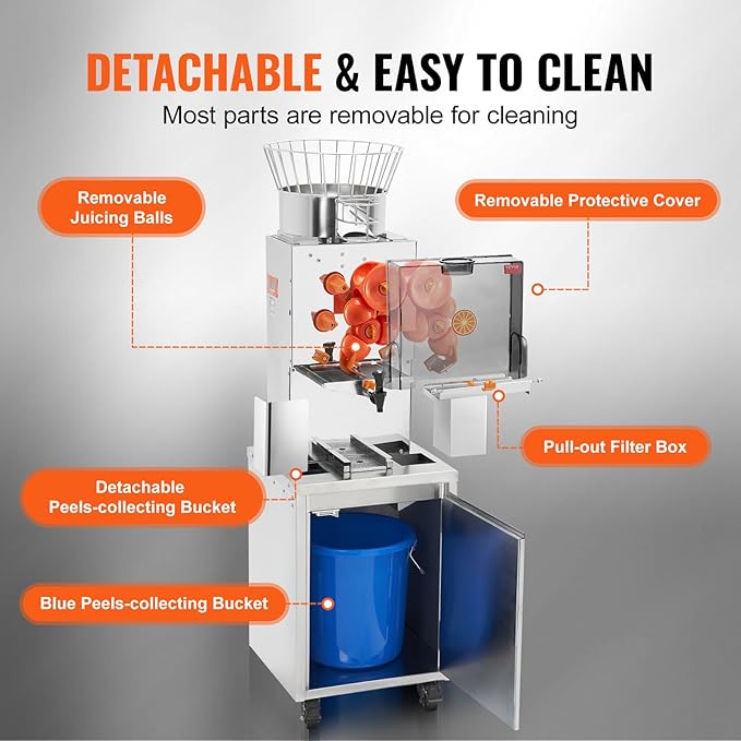 VEVOR Commercial Orange Juicer, 120W Automatic Feeding Juice Extractor with Water Tap, Stainless Steel Juicer Machine 25 Oranges/Minute, with Pull-Out Filter Box, PC Cover, 3 Peel Collecting Buckets