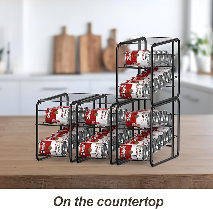 4 Pack Soda Can Organizer, Stackable Metal Can Dispenser for Pantry, Automatic Rolling Canned Food Organizer for Cabinet and Countertop, Black.