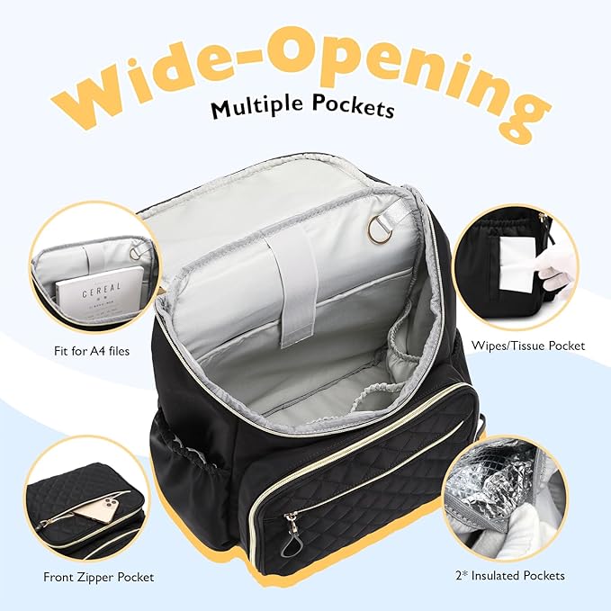 Large Capacity Diaper Bag Backpack with Stroller Buckle, Water-Resistant Travel Baby Bag with Insulated Pockets (Classic, Black)