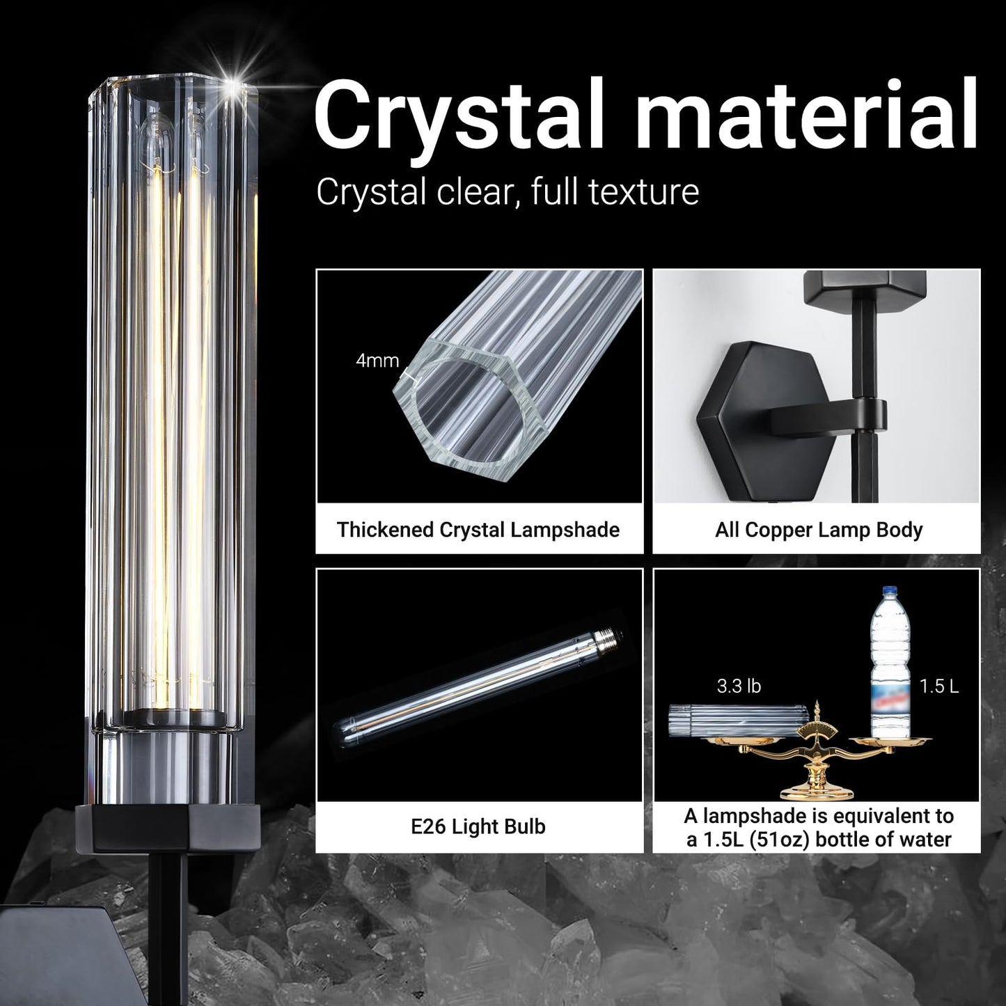 Crystal Bathroomvanity Wall Sconces Set Of Two Black Modern Bathroom Wall Sconces 12.59In Crystal Vanity Lights Fixture Indoor Sconces Wall Lighting For Bedroom Hallway Staircase Living Room
