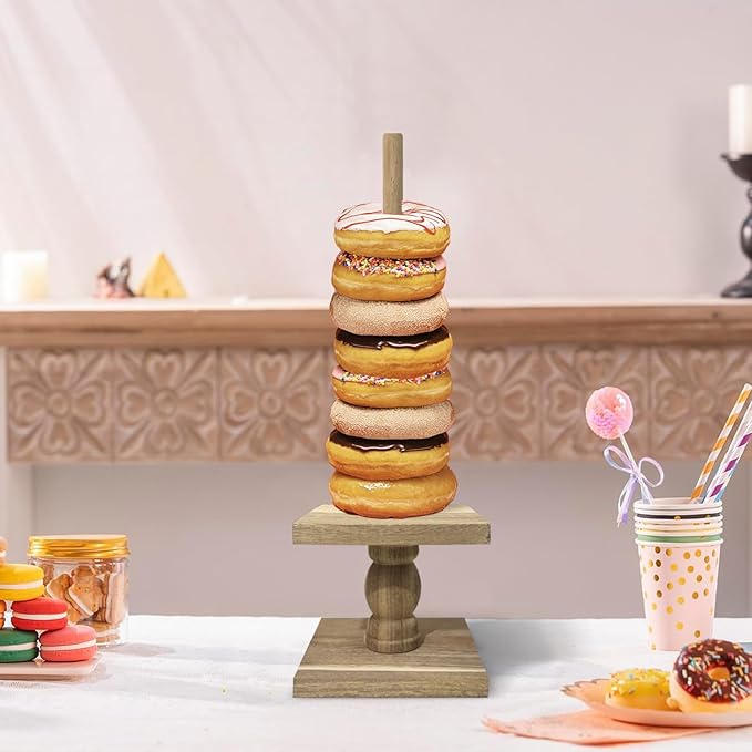 2 Pcs Donut Stand Wooden Square Doughnut Stand Bagel Stand Donut Display Tower for Dessert Table Doughnut Holders for Party Donut Display Stand for Birthday Banquet (Dark Color)