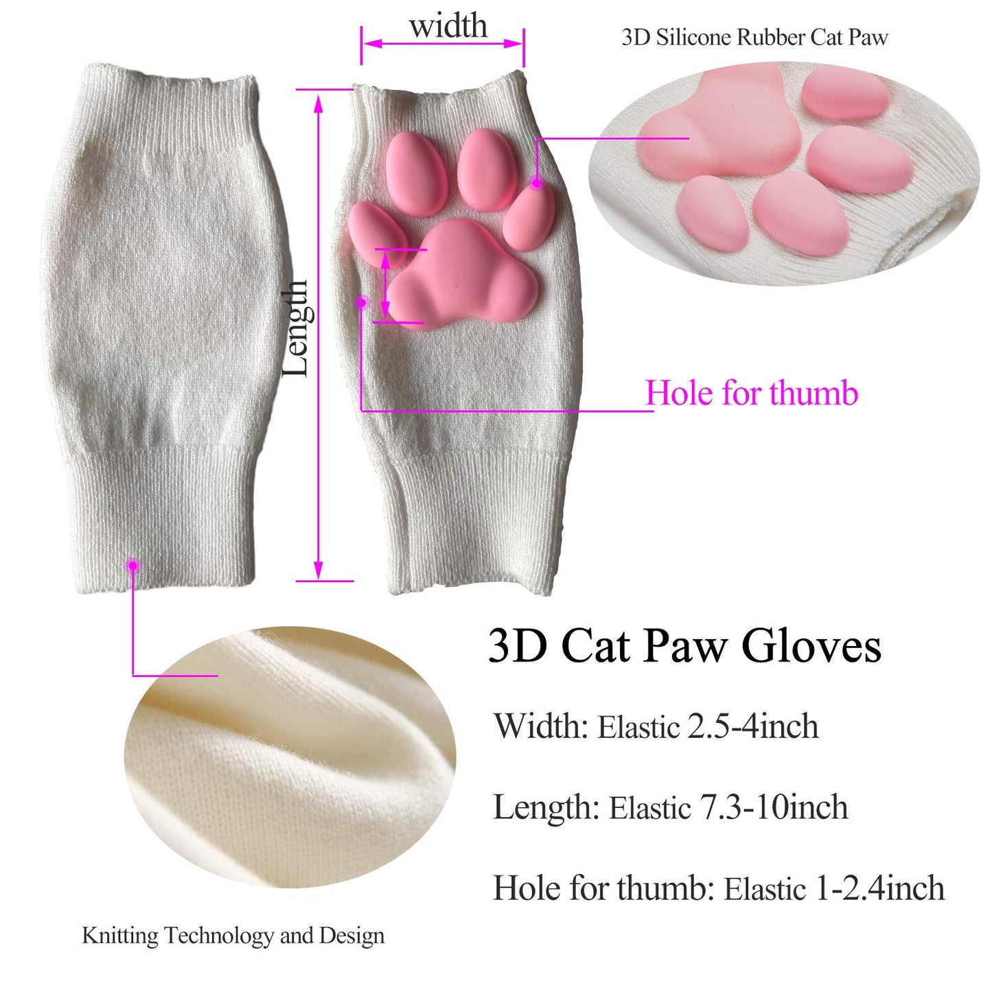 HOMEGYMFREE Cute Cat Paw Mittens Gloves, Kawaii Cat Cosplay Kawaii Soft 3D Toes Beans Fingerless Cat Claw Paws Pad Sleeve (White-Short)
