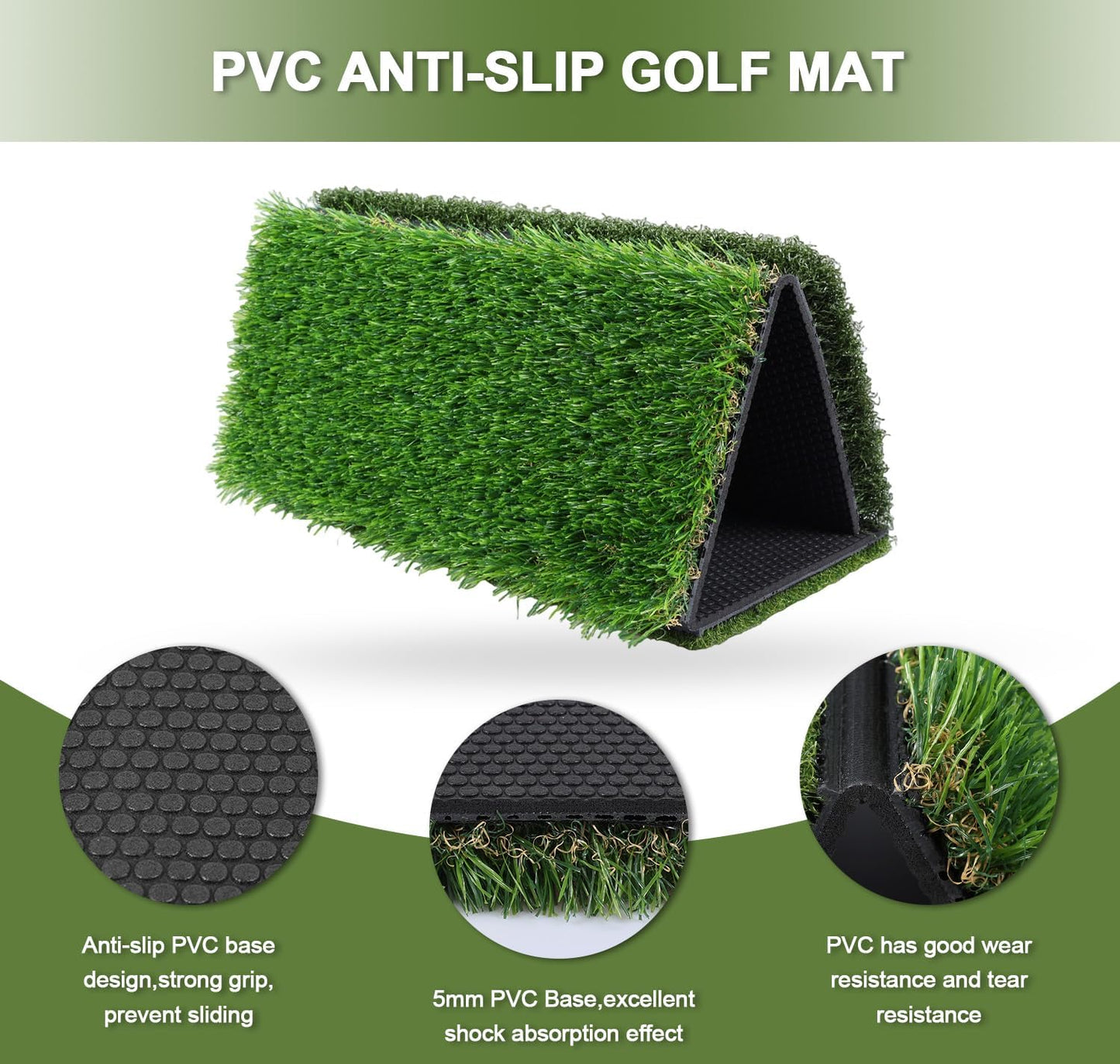 Golf Hitting Mat, Tri Turf Portable & Foldable Golf Practice Mat, with 5mm PVC Rubber Backing for Backyard, Driving Range, Indoor Outdoor Practice Hitting, Swing & Putting Training