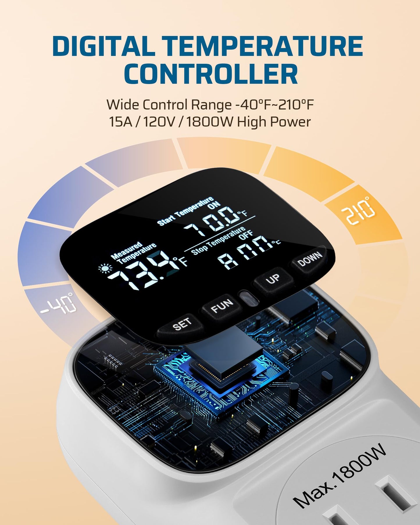 DEWENWILS Digital Temperature Controller, Heavy Duty 15A/1800W Thermostat Outlet Plug, VA Display Heating Cooling Control Timer, -40℉~210℉, Cyclic Timing/Countdown, for Greenhouse Incubator Homebrew