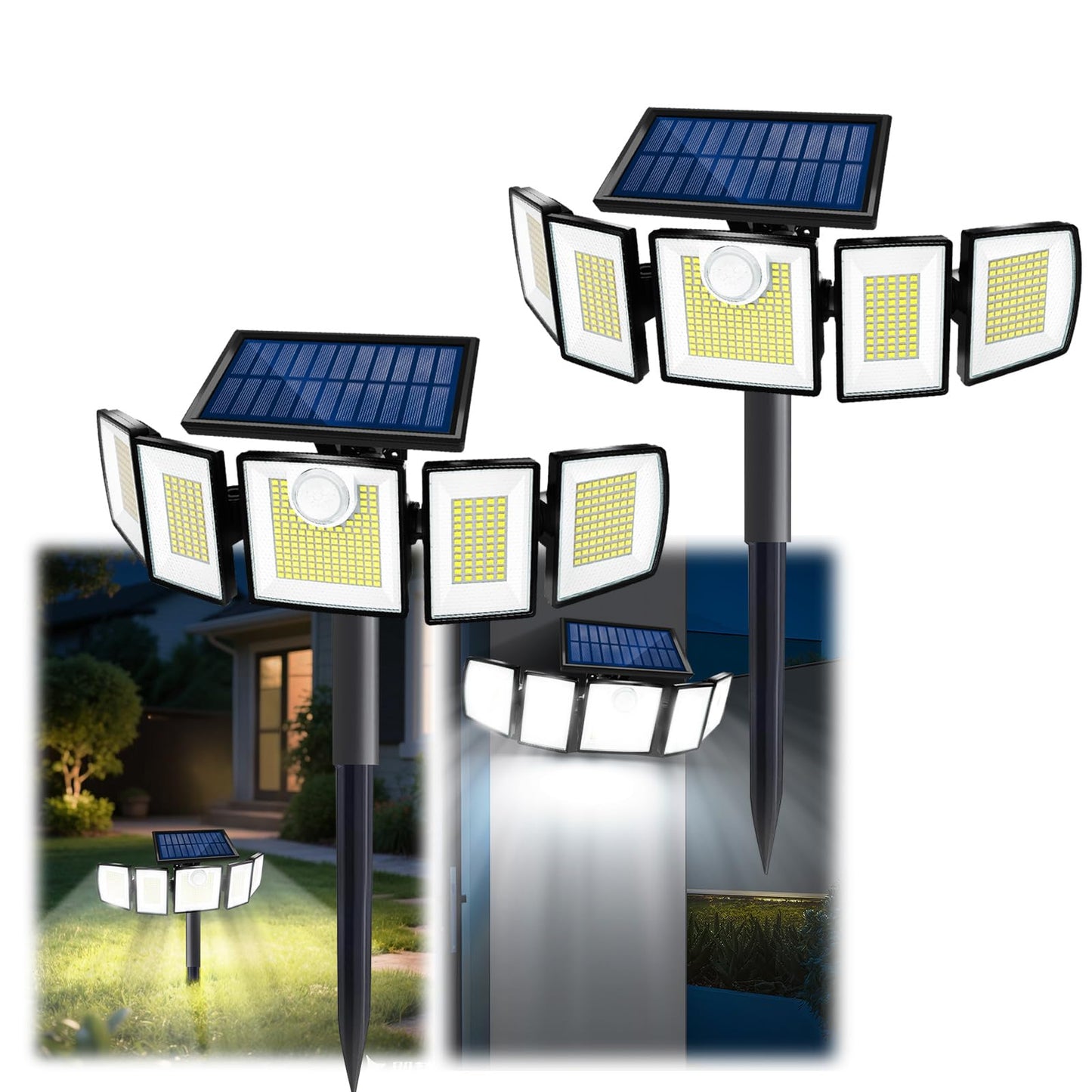MDCMDCM Solar Lights Outdoor Motion Sensor - 416 LEDs, 3000 Lumens, 3 Modes, 2 Pack with Stake, Black, Model LY-SL-DWT-B-