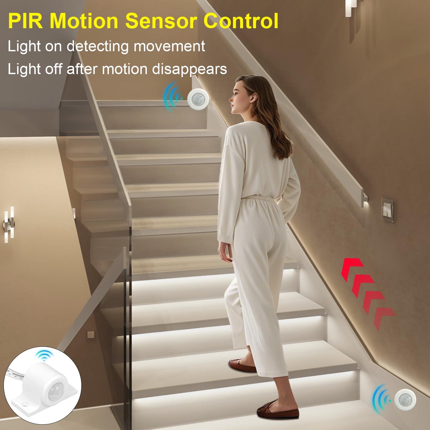 MALIIGAZA Intelligent Motion Sensor LED Stair Light Kit, 47.2 In, 6000K, Plastic, Model STEP-09-20S-CW-1.2M-H